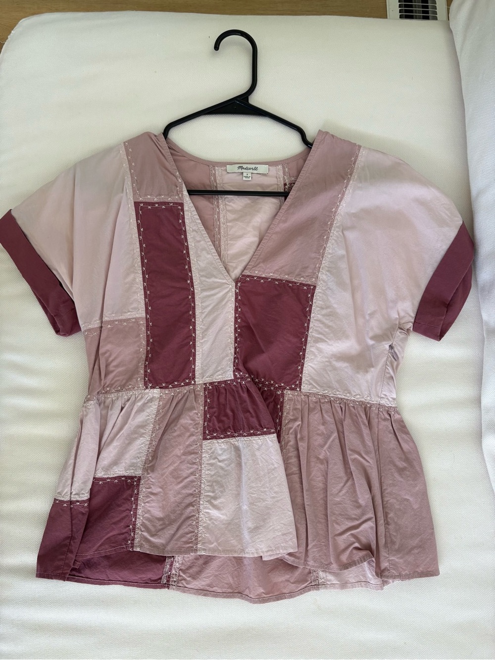 Madewell Patchwork V-Neck Short Sleeve Top - Dusty Rose & Mauve